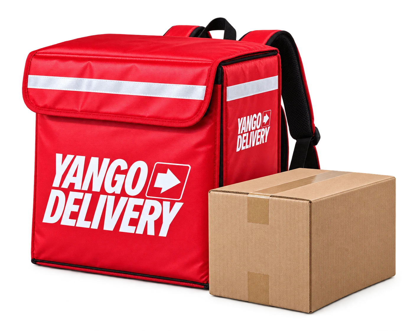 A securely packed parcel beside a red Yango Delivery bag.