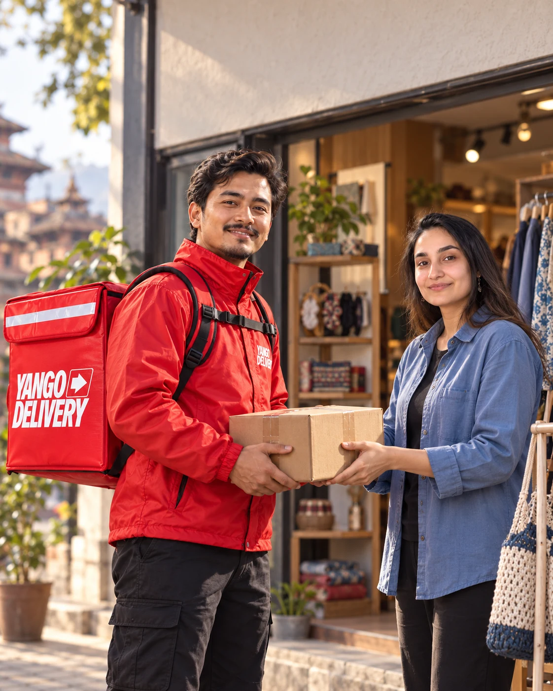 एक ग्राहकले रातो Yango Delivery झोला बोकेका कुरियरलाई पार्सल दिँदै।